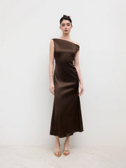 Satin Asymmetrical Neck Backless Maxi Dress