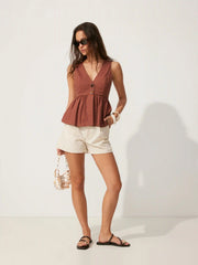 Linen-blend V-neck Ruched Peplum Metal Detail Blazer Vest