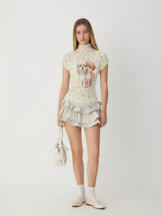 Waffle Textured Star & Puppy Print Short Sleeve Tee