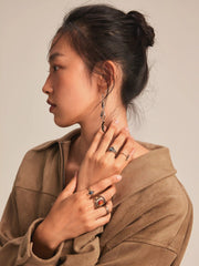 5PCS GEMSTONE DECOR ENGRAVED RING SET