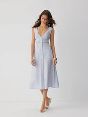 Linen-blend Stripe V-neck A-line Maxi Dress