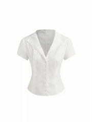 Cotton-blend Asymmetrical Neck Button Curved Hem Short Sleeve Blouse