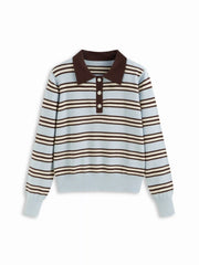 Knit Striped Polo Neck Long Sleeve Oversized Top