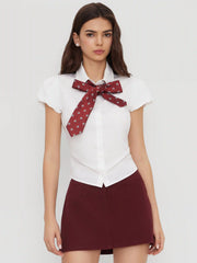 Cotton-blend Collar Ruched Puff Sleeve Shirt