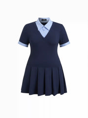 Cotton Collar Stripe Pleated Two Tone Mini Dress Curve & Plus