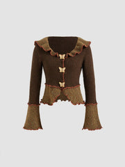 Wool-blend Knit Collar Lettuce Trim Butterfly Button Long Sleeve Top