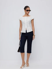 Cotton-blend Textured Boat Neck Puff Sleeve Button Through Peplum Blouse