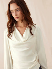 Satin Cowl Neck Asymmetrical Hem Long Sleeve Blouse