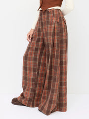 Flannel Check Button Wide Leg Trousers