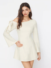 Asymmetrical Neck Bowknot Bell Sleeve Mini Dress