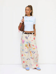 Cotton-blend Mid Rise Snail Graphic Barrel-leg Trousers