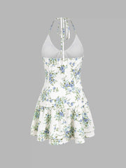 Halter V-neck Floral Layered Ruffle Hem Mini Dress