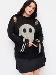 Knit Ghost Pattern Stripe Ripped Oversized Top Curve & Plus
