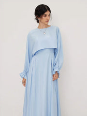Cotton-blend Ruffle Slip Maxi Dress With Round Neckline Shirred Sleeve Blouse