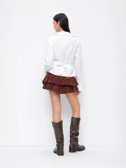 Cotton-blend V-neck Long Sleeve Lettuce Trim Bowknot Blouse