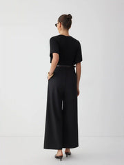 V-neck Bell Sleeve Mid Rise Wide Leg Jumpsuit With Belt