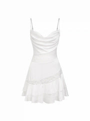 Satin Cowl Neck Lace Ruched Ruffle Hem Mini Dress