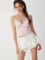 Cotton-blend Gingham Sweetheart Shirred Lace Trim Cami Top