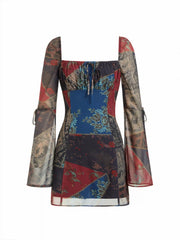 Chiffon Floral Square Neck Drawstring Bell Sleeve Mini Dress