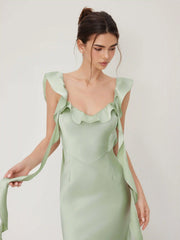 Two Way Satin V-neck Backless Ruffle Hem Maxi Dress