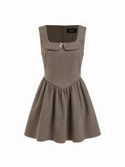 Jacquard Square Neck Houndstooth Bowknot Flared Mini Dress