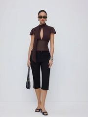 Chiffon Scarf Neck Short Sleeve Cut Out Pleated Blouse