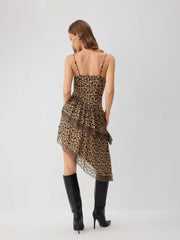 Chiffon Leopard Print V-neck Lace Trim Cami Midi Dress