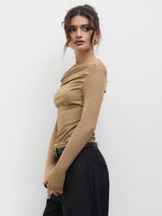 Solid Asymmetrical Neck Long Sleeve Top