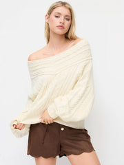 Cable Knit Off-shoulder Lantern Sleeve Oversized Top