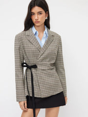 Houndstooth Notched Collar Tie Side Bowknot Asymmetrical Hem Blazer