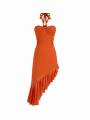Chiffon Halter Neckline Beaded Ruched Asymmetrical Ruffle Hem A-line Maxi Dress