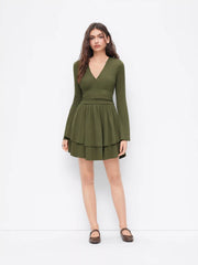 V-neck Ruched Layered Ruffle Hem Mini Dress