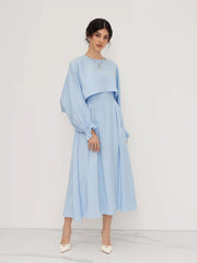Cotton-blend Ruffle Slip Maxi Dress With Round Neckline Shirred Sleeve Blouse