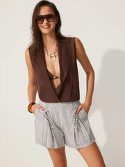 Linen-blend Mid Rise Striped Lace up Shorts