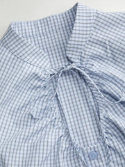 Cotton-blend Gingham Stand Collar Puff Sleeve Bowknot Cut Out Blouse