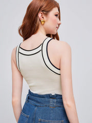Knit Boat Neck Solid Contrasting Binding Tank Top