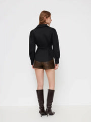 Cotton-blend Pleated Cinched Waist Puff Sleeve Shirt