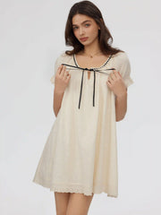 Cotton-blend Puff Sleeve Twist Knotted Scoop Neck Smock Mini Dress