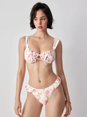 Sweetheart Neck Floral Ruched Underwire Cheeky Bikini Set