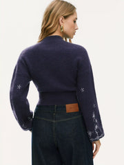 Knit Floral High Neck Lantern Sleeve Crop Top