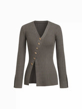 Cable Knit V-neck Asymmetrical Split Button Cardigan