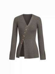 Cable Knit V-neck Asymmetrical Split Button Cardigan