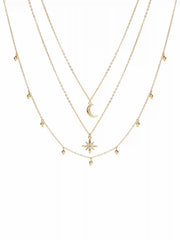 3 PCS STAR & MOON PENDANT RHINESTONE DECOR LAYERED NECKLACES SET
