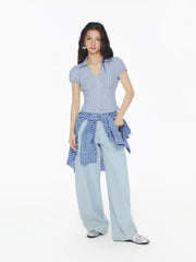 Cotton-blend V-neck Stripe Tie Back Shirt