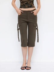 Stretch Cotton-blend Low Rise Cargo Pocket Capri Shorts