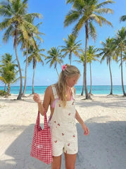 Corduroy Cherry Embroidery Buckle Up Romper