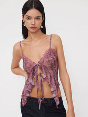 V-neck Floral Tie Front Bow Lace Ruffle Hem Crop Cami Top