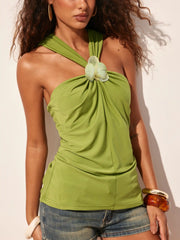 Halter Neckline Floral Applique Ruched Criss Cross Top