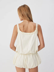 Cotton-blend Mid Rise Scoop Neck Ruffle Bubble Hem Oversized Romper