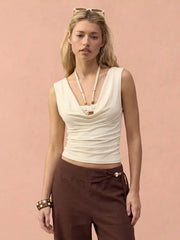 Halter Neck Drawstring Ruched Cut Out Beaded Detail Crop Tank Top